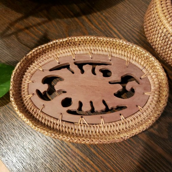 Vintage Indonesia Lombok Wood Rattan Carved Frog Lidded Basket Trinket Box 6" - Picture 6 of 9